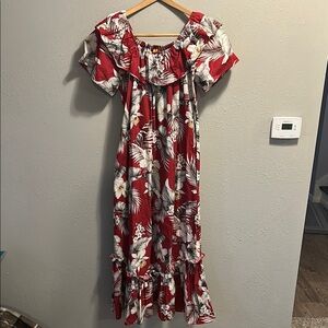 Vintage Aloha Mo'i Hawaii Floral Mumu Red Dress Off Shoulder Midi‎